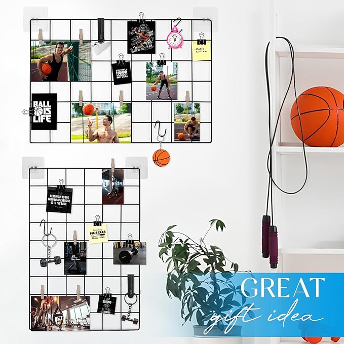 Metal Grid Wall Panel Black, Wire Photo Display Organizer, 17.3"×11.8" Board, Picture Frame, 2-Pack Mesh Memo Board with Clips and Hooks
