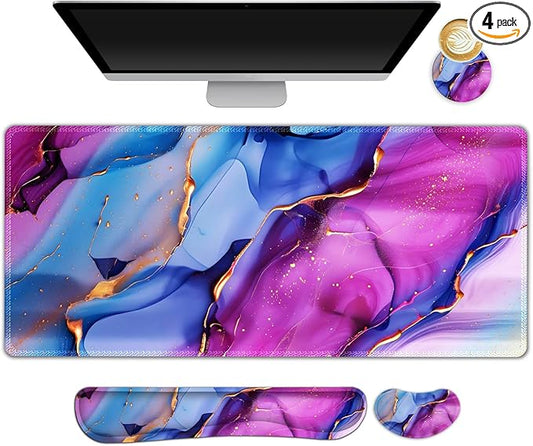 Large Gaming Mouse Pad Set, 4 in 1 Ergonomics Keyboard Desk Mat with Memory Foam Wrist Rest, Computer PC Extended Game Mousepad, Non-Slip Desk Pad Matt Easy Typing Pain Relief I Colorful Marble