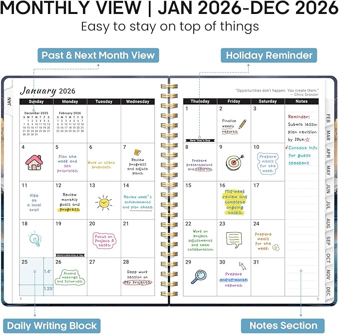 2026 Planner, Weekly and Monthly Calendar Planner Book, January 2026 - December 2026, Hardcover Spiral Planner with Monthly Tabs, Notes Pages, Perfect for Women & Men, A5 (6.4" x 8.5") - Abstract