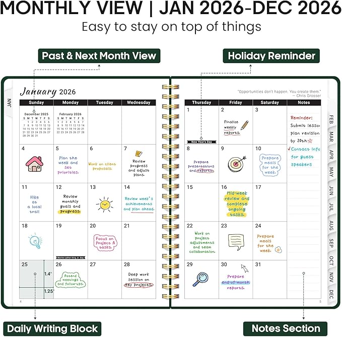 2026 Planner, Weekly and Monthly Calendar Planner Book, January 2026 - December 2026, Hardcover Spiral Planner with Monthly Tabs, Notes Pages, Perfect for Women & Men, A5 (6.4" x 8.5") - Dark Green