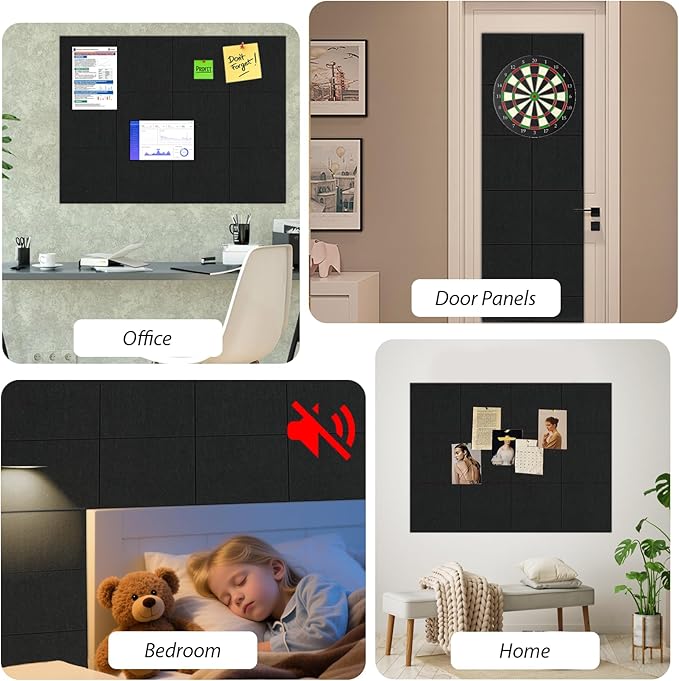 Large Cork Boards for Walls 48"x36", 12 Pack Felt Wall Tiles with 60 Pushpins，50 Safe Removable Adhesive Tabs, 10 Hooks and Clips, Black Bulletin Board, Felt Board Pin Board Tack Board for Office