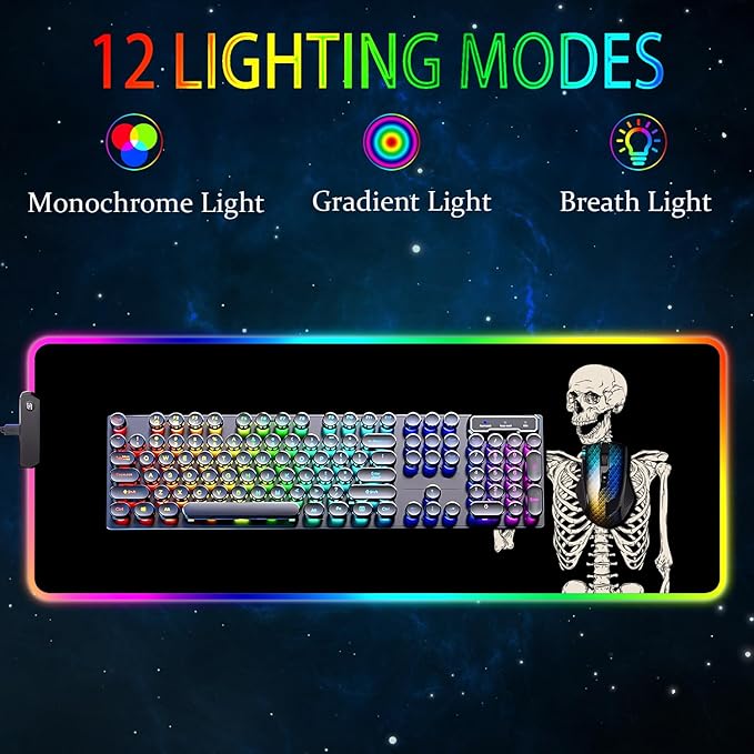 RGB Gaming Mouse Pad, Large Mousepad with Led Light, Big Keyboard Pad Gaming Accessories for Desk, Non-Slip Rubber Base Black Human Skeleton Mouse Mat for Gamer, 31.5 X 11.8 Inch