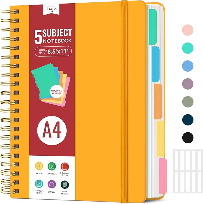 Hardcover Spiral Journal Notebooks for Work With Removable Dividers & Tabs, 8.5"x11" 5 Subject Notebook for Note Taking & Organizer, A4 College Ruled Lined Journal for Women & Writing, Yellow, 280 Pages