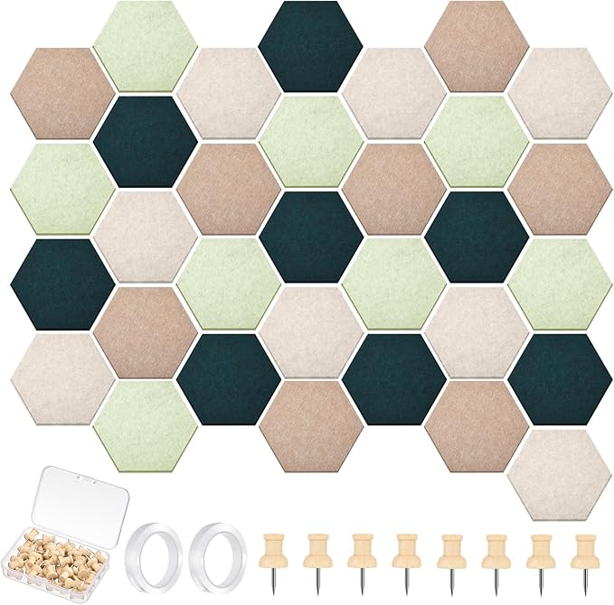 32 Pcs 12'' x 10' Hexagon Felt Cork Board Tiles with 50 Wooden Push Pins, Felt DIY Bulletin Board with 4 Tape for Office School Home Wall Decor Stickers Memos Photos Display