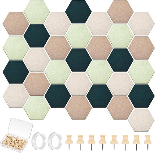 32 Pcs 12'' x 10' Hexagon Felt Cork Board Tiles with 50 Wooden Push Pins, Felt DIY Bulletin Board with 4 Tape for Office School Home Wall Decor Stickers Memos Photos Display