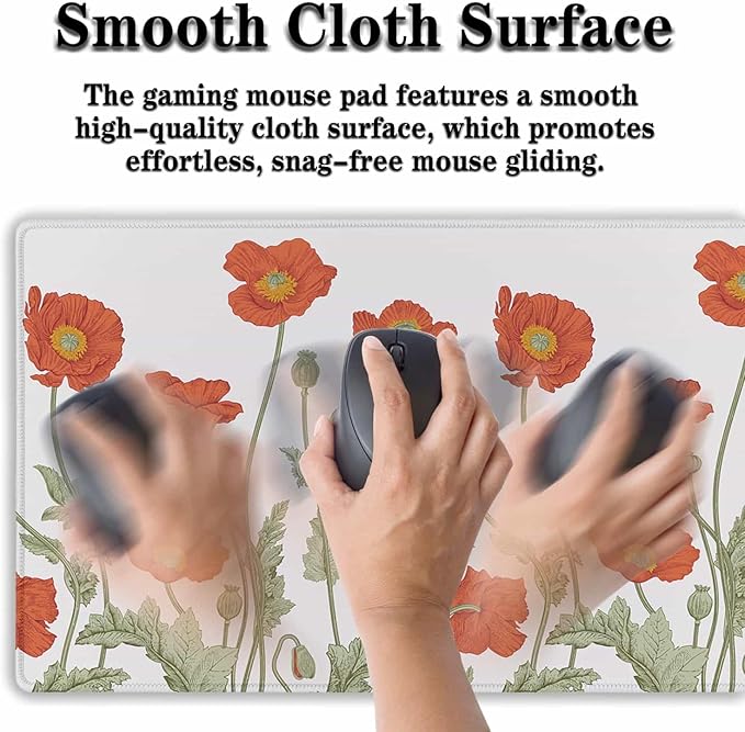 Gaming Mouse Pad Red Work Desk Mat, Large Mouse Pads Computer Deskmat, The Desk Mat Non-Slip Rubber Base Waterproof with Stitched Edges, 35.4" X 15.7" for Work/Game/Office/Home Poppies Flower