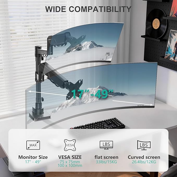 WALI Vertical Dual Monitor Stand for 17-49” Ultrawide Curved Screens, Heavy Duty Stacked Dual Monitor Mount with Tall Pole, Adjustable Gas Spring Monitor Arm up to 33lbs, 75/100mm VESA, Black