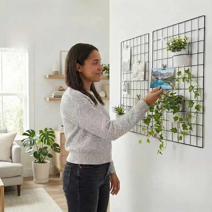 Kaforise Wire Wall Grid Panel, Multifunction Painted Photo Hanging Display and Wall Storage Organizer, Pack of 2, Size 25.6x17.7inch, Black