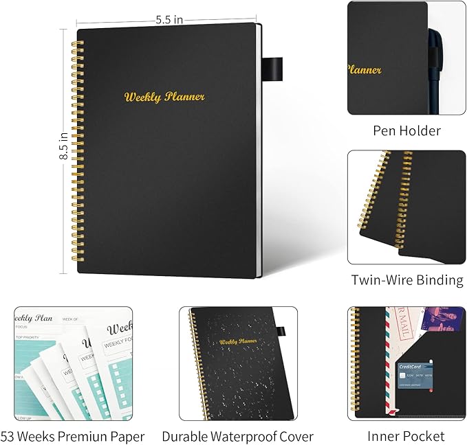 Weekly Planner Undated, Weekly Goals Schedule Planner with Spiral Binding, To Do List Notebook Calendars Organizers Habit Tracker Journal for Men & Women, Pocket,Pen Loop, 53 Weeks (5.5x8.5")