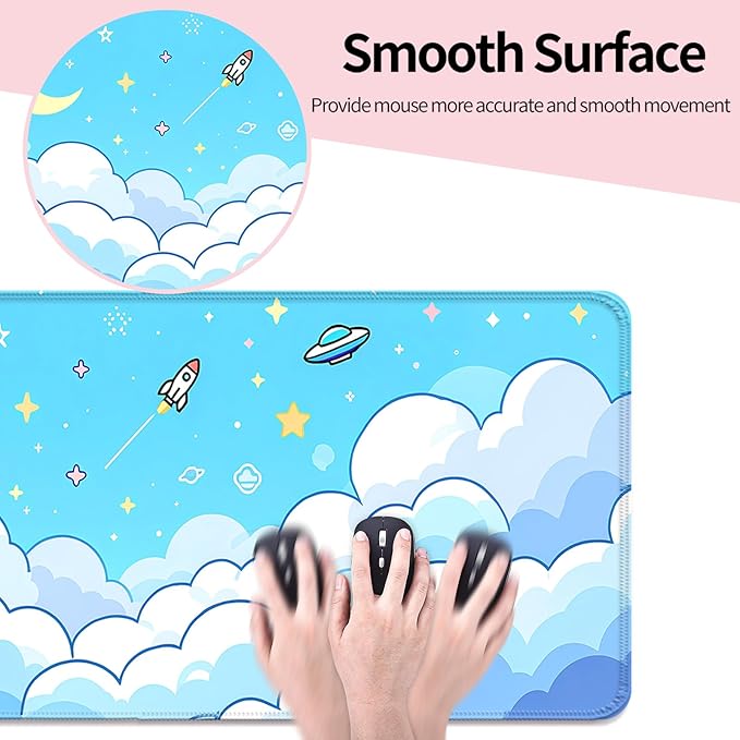 Minimalist Blue Gradient Clouds XL Large Desk Mat, Extended Long Star and Moon Desk Pad for Gaming and Office, Non-Slip Rubber Base, Comfortable Surface Sky Mouse Pad, 31.5x11.8 in