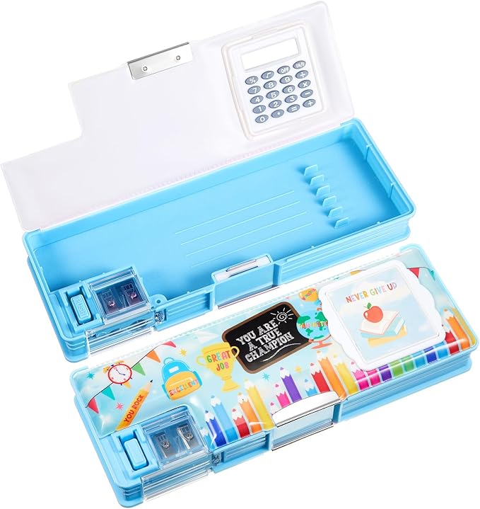 Henoyso Multifunctional Pencil Box for Boys Blue Inspirational Pencil Case with Calculator and Sharpener Cool Pencilcase School Supplies Essentials Christmas Birthday Gift Present for Kids Teens