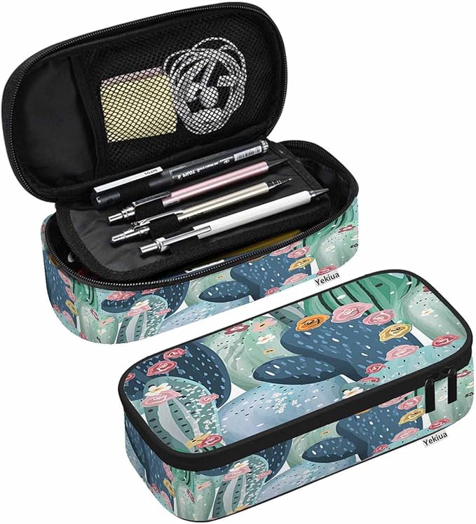 Yekiua Cacti Succulents Pencil Case Beautiful Pastel Vintage Flowers Big Capacity Pencil Pouch Office College Makeup Bag Pink White Yellow