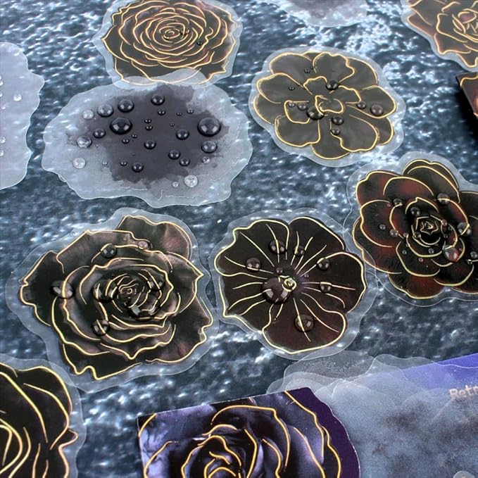 120 Pieces Gothic PET Stickers for Journaling Adults, Black Rose Flowers with Gold Foil Edges, Floral Sticker for Scrapbooking, Junk Journal, Bujo, Collage, Planners, Card Making