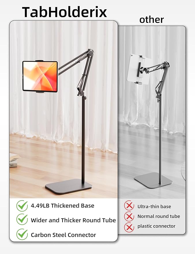 Tablet Floor Stand with 4.5LB Heavy Metal Base,Overhead Bed Phone Stand Angle Height Adjustable Holder, Universal Phone Mount for iPad iPhone Pro Air Mini, Samsung Tab, Kindle, E-Readers...