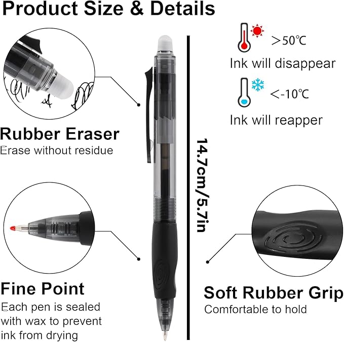 USUAL Retractable Erasable Pens 6 Colored 12 Pack Erasable Gel Pen 0.5mm Erasable Gel Pens Black Make Mistakes Disappear Smooth Writing Pen Office Back-to-School Supplies (12 Pcs-6 Colors)