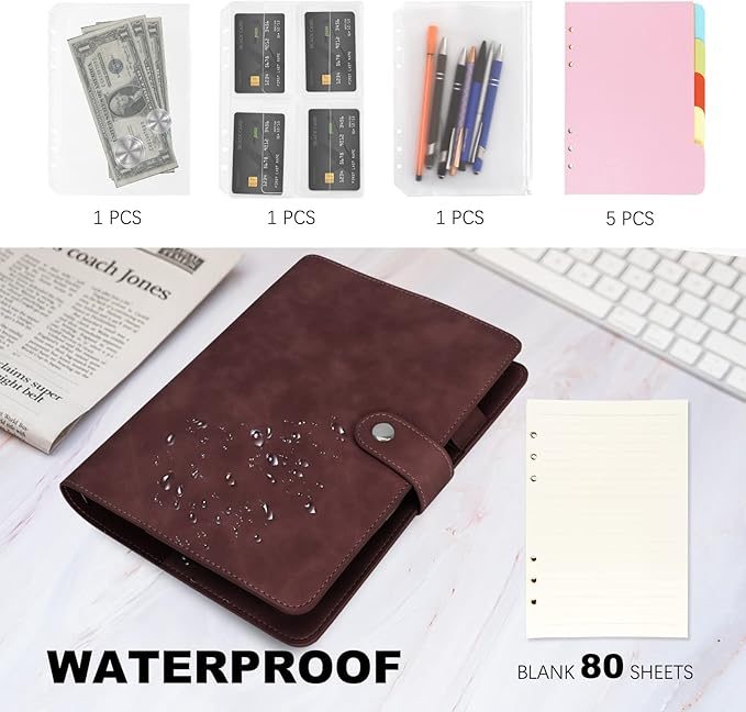 FYY A5 Binder Refillable Planner Notebook 6 Ring PU Leather Binder Journal with Pockets, Dividers, Refill Paper Dark Brown