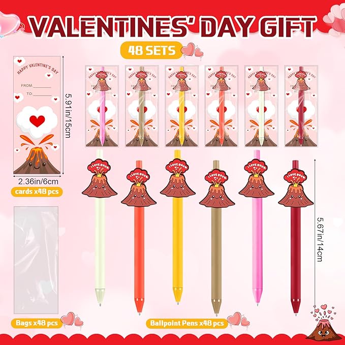 Cholemy 48 Sets Gifts Sets Include Motivational Ballpoint Pen with Greeting Card and Cable Ties for School Classroom Stationery Supplies Teacher Students Practical Gifts(Volcano)