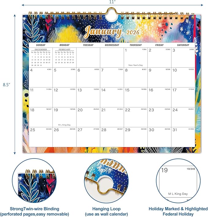 Calendar 2026 - 18 Monthly Wall Calendar, January 2026 - June 2027, 8.5" x 11", Calendar 2026 - 2027 with Twin-Wire Binding, Hanging Hook, Blocks and Julian Dates (Botanical Whimsy Wall Calendar)