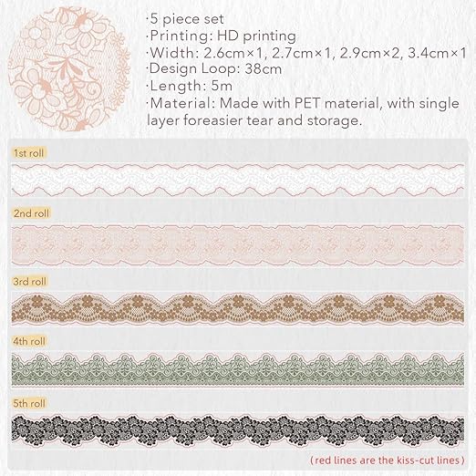 WT Baroque Lace PET Tape Sticker Set, Tape for Scrapbooking, Planners, Junk Journal or Bible Study, Colorful Artist Decorative Craft Tape, Cute Artist Tape (5 Rolls, Each 16.4FT)