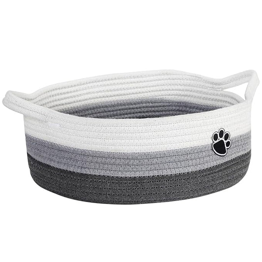 Dog Toy Basket, Toy Box and Bin for Dog Cat Storage, 13.5" X 11" X 5" Small Woven Rope Basket for Baby Storage, Closet, Living Room, White & Grey
