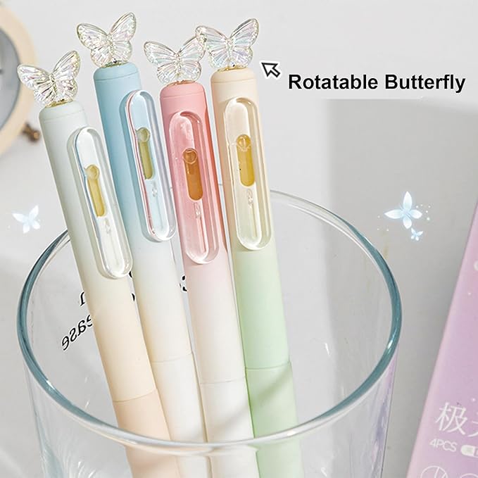 4 Pcs Cute Retractable Pens Butterfly Gel Pen 0.5mm Fine Point Black Ink Smooth Writing Pen Office School Supplies Aesthetic Gradient Pastel Pens for Women Girls (4Pcs Butterfly)