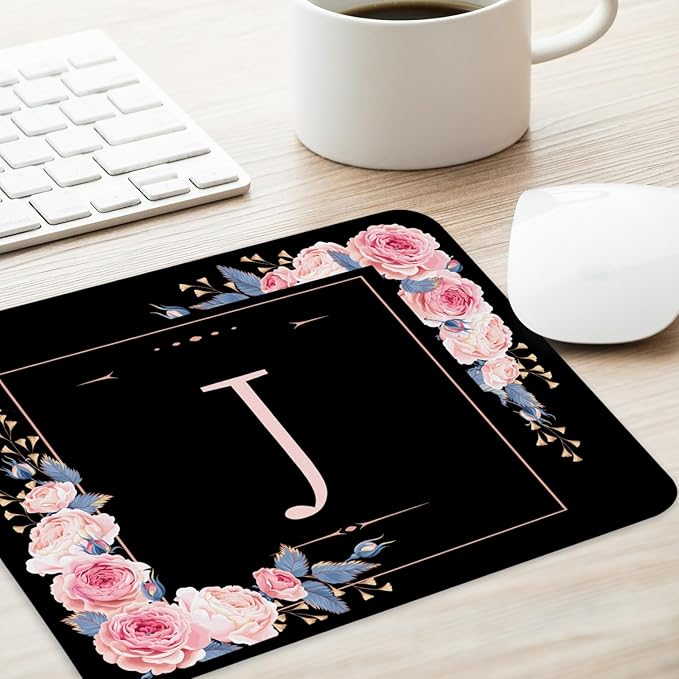 Letter J Black and Pink Flowers Square Mouse Pad, Mouse Pad with Stitched Edge and Non-Slip Rubber Base,Mouse Mat,Home Office Decor Desk Accessories,9.4x7.8x0.12 inch Square Mouse Pad