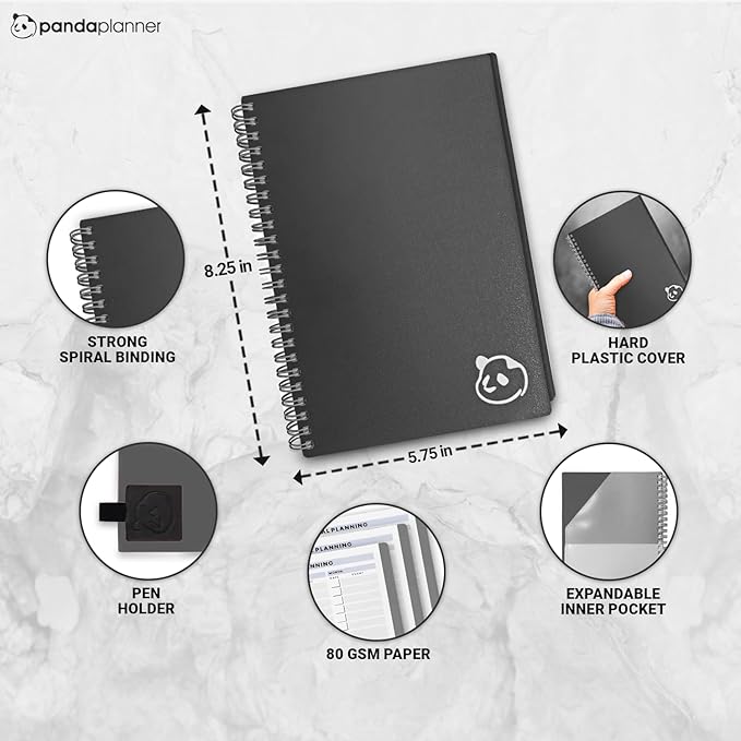 Panda Planner 2026 Undated Daily Planner 5.75" x 8.25" – 90-Day Spiral Academic & Productivity Planner with Hourly Schedule, Habit Tracker, To-Do List & Monthly Calendar – ADHD-Friendly Panda Journal (Gray)
