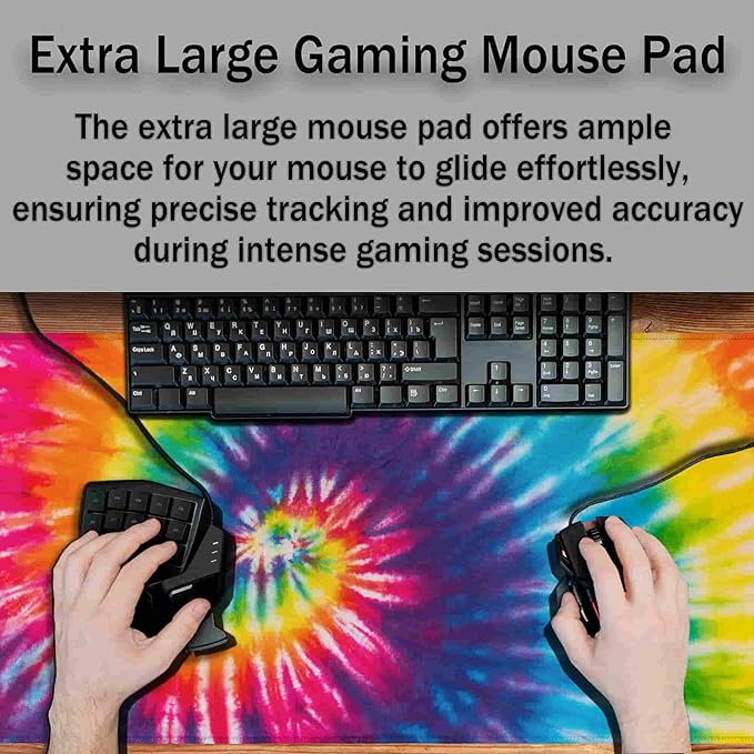 Gaming Mouse Pad Yellow Big Desk Mat Large Mousepads Desktop Mat Table Extender Non-Slip Rubber Base Waterproof with Stitched Edges 35.4" X 15.7" for Game Office, Rainbow Tie Dye