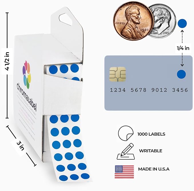 ChromaLabel Blue Circle Sticker 1/4 Inch Permanent Labels, Round Colored Small Sticker, Adhesive dots for Crafts Colored, 1000 Dark Blue Dot Stickers with Dispenser Box