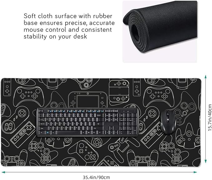 Video Game Controller Black Background Mouse Pads XXL Extended Mousepad with Stitched Edges Non-Slip Rubber Base Computer Keyboard Pad Desk Mat for Home Office Desk Decor, 35.4" X 15.7"