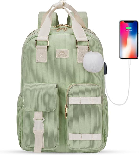MATEIN 15.6 Laptop Backpack, Cute School Backpack for Teens Girls Corduroy Computer Bookbag with Luggage Strap, High School College Backpacks Students Daypack Gifts for Girl Sister Kids Nurse, Green