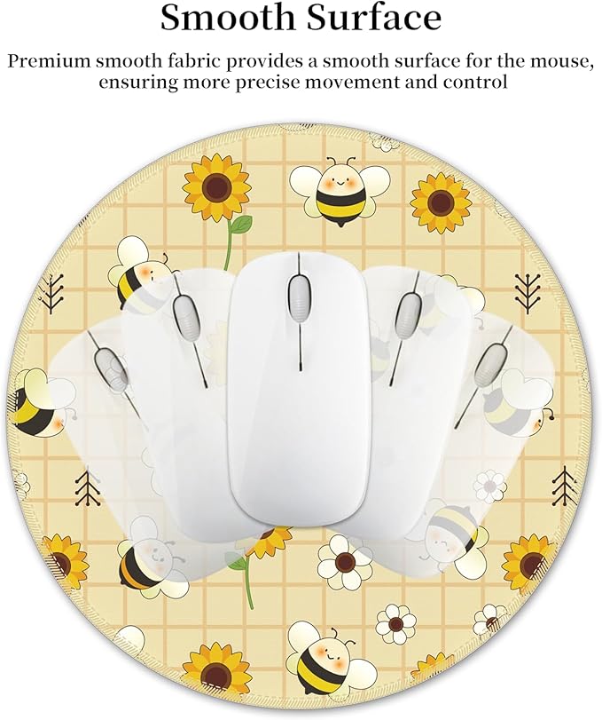 Mouse Pad for Desk, Sunflower Floral Bee Small Cute Mousepad with Non-Slip Base, Round Mouse Pads for Wireless Mouse Laptop Gaming, Computer Mouse Mat for Home Office Travel Desk Accessories