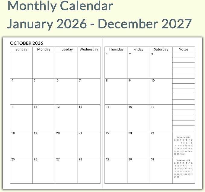 A5 Calendar Planner Jan 2026 - Dec 2027, Travelers Notebook Inserts for 2 Years, Monthly Calendar & Important Dates & Line & Dotted, 100gsm Paper, 8.3 x 5.5 in, 1pcs (Green)