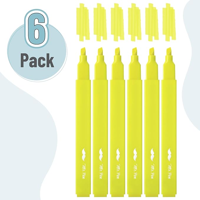 Mr. Pen- Aesthetic Highlighters, 6 Pack, Yellow Highlighters Yellow, Chisel Tip, No Bleed