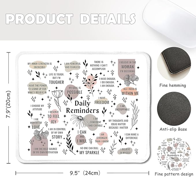 Boho Inspirational Motivational Mental Health Mouse Pad, Daily Reminders Mat with Non-Slip Rubber Base for Home Office Desk Accessories, Gifts for Women Men teather, 9.5x7.9 Inch