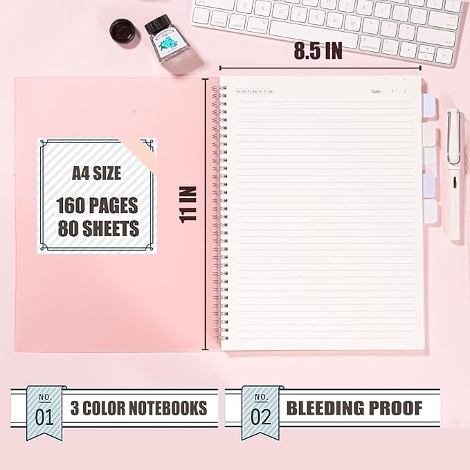 3 Pack Ruled Notebook, 8.5 x 11 Inches Spiral Notebooks for Work, School and Journal with 110 GSM Journal Ruled Paper, Large Notebook with 80 Sheets/160 Pages, Hardcover Ruled Journal