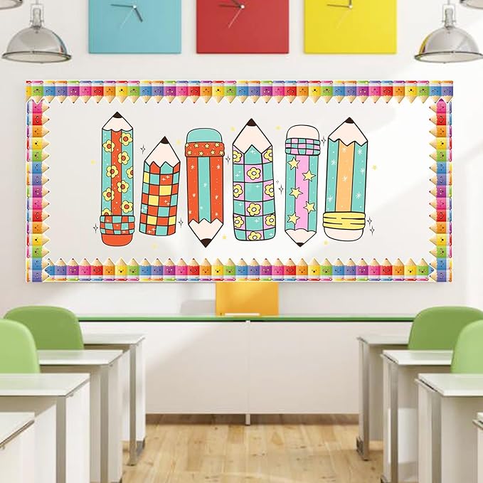 2 Rolls Pencil Crayon Border, 65.6 Ft Colorful Die-Cut Borders Crayon Pencil Classroom Bulletin Board Border Trim for Home Office Back to School Bulletin Boards Chalkboard Wall Decor
