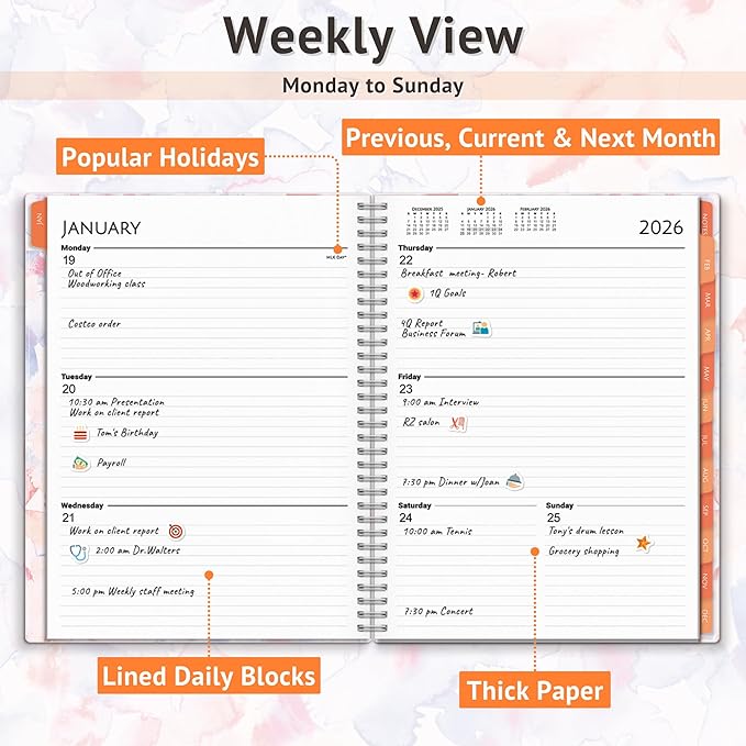 CRANBURY Large Planner 2026, 8.5x11 Weekly Monthly Calendar Agenda, from Jan to Dec Daily Organizer, Watercolor Theme, Spiral Bound Planner with Tabs