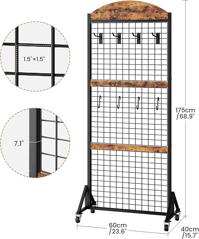 Grid Wall Panel 5.7' x 2' FT Grid Display Rack, 2 Pack Movable Gridwall Display Stand with 8 S-Shaped Hooks and 8 Garment Hooks, Floorstanding Wire Grid Rack, Rustic Brown and Black TCJ17P2BF