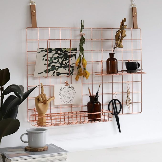 FRIADE Rose Gold Grid Basket with Hooks,Bookshelf,Display Shelf for Wall Grid Panel,Wall Mount Organizer and Storage Shelf Rack for Home Supplies,1 Set of 3 (Rose Gold)