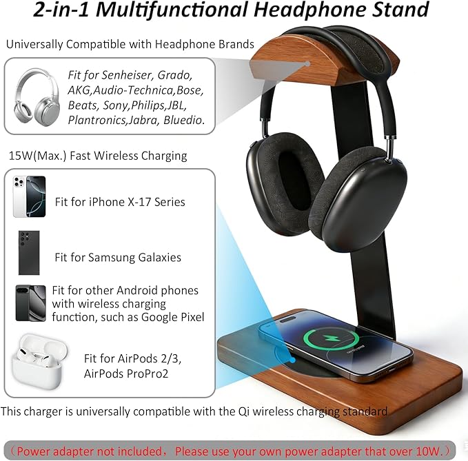 Solid Wooden Headphone Holder, Universal Headset Stand with Wireless Charger 15W Max Fast for Desk, Wireless Charger Headphone Holder for Gaming Desk Compatible with iPhone Samsung (Black)