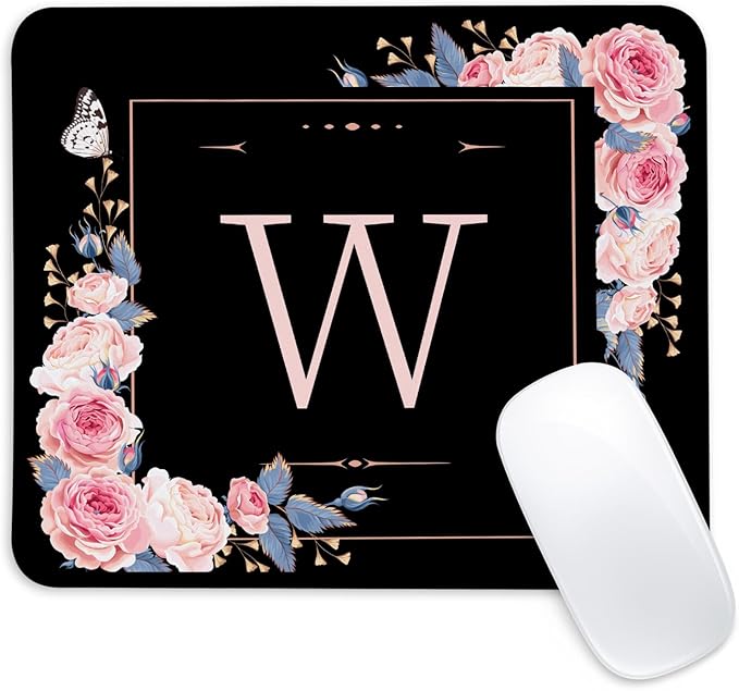 Letter W Black and Pink Flowers Square Mouse Pad, Mouse Pad with Stitched Edge and Non-Slip Rubber Base,Mouse Mat,Home Office Decor Desk Accessories,9.4x7.8x0.12 inch Square Mouse Pad