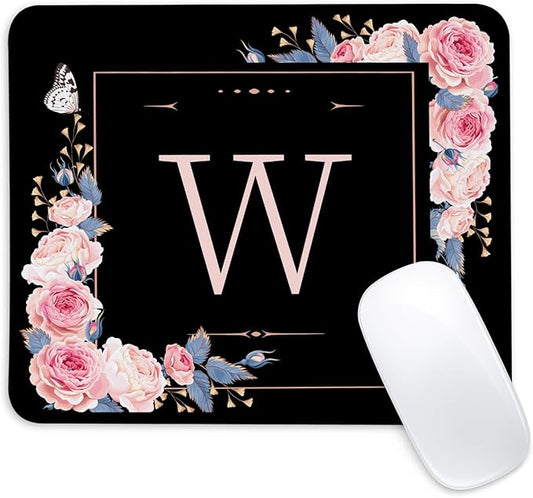 Letter W Black and Pink Flowers Square Mouse Pad, Mouse Pad with Stitched Edge and Non-Slip Rubber Base,Mouse Mat,Home Office Decor Desk Accessories,9.4x7.8x0.12 inch Square Mouse Pad