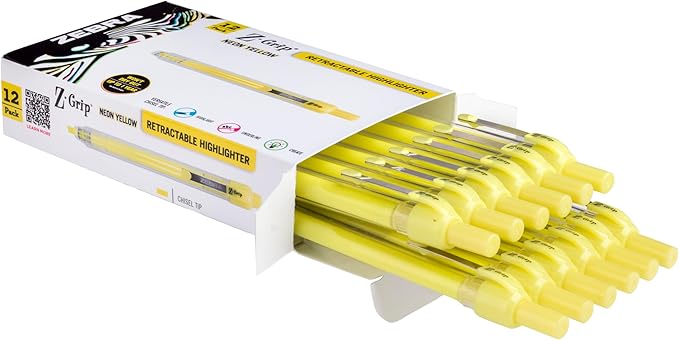 Zebra Pen, Z-Grip Retractable Highlighters, Chisel Tip, Neon Yellow, Transparent Barrel, Click-Style Retractable Design, Built-In Metal Clip, Ideal for School and Office, 12-Pack (71250)