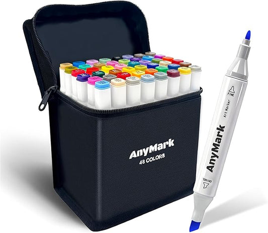 AnyMark Alcohol Markers, 48 Colors Dual Tip Art Coloring Markers Set for Adult Book Drawing Sketching Painting, Chisel & Fine, White Penholder