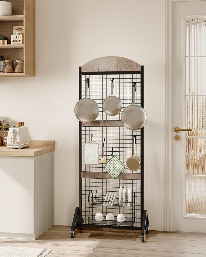 Grid Wall Panel 5.7’ x 2’ FT Grid Display Rack, Movable Gridwall Display Stand with Wheels, Floorstanding Wire Grid Rack with 4 S-Shaped Hooks and 4 Garment Hooks, Greige and Black TCJ17BG