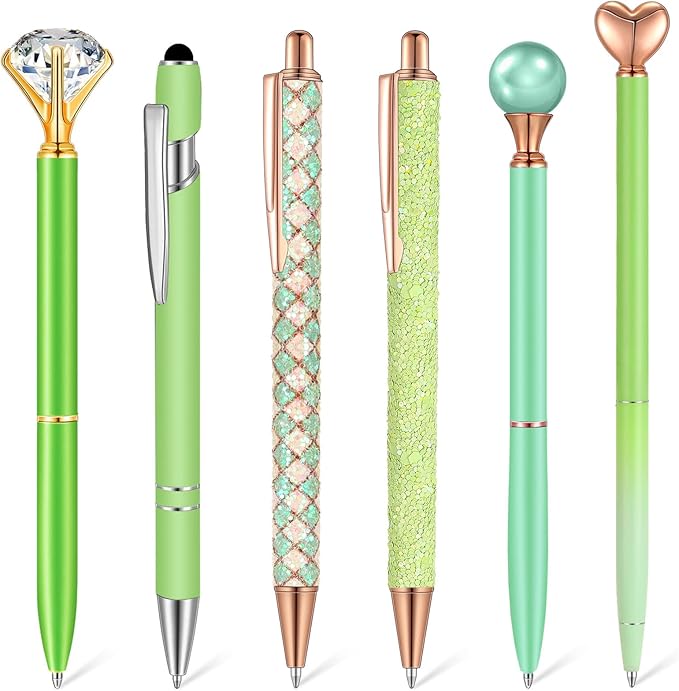 6 Pcs Ballpoint Pens Set Metal Crystal Diamond Pen for Journaling Glitter Pretty Cute Stationery Black Ink Fancy Gifts for Women Girls Teacher Office Wedding School Supplies(Green Series)