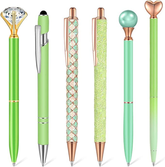6 Pcs Ballpoint Pens Set Metal Crystal Diamond Pen for Journaling Glitter Pretty Cute Stationery Black Ink Fancy Gifts for Women Girls Teacher Office Wedding School Supplies(Green Series)