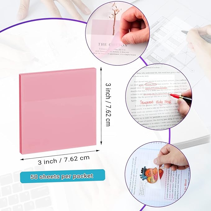 ENLUOM 400 Sheets Colored Transparent Sticky Notes - 3 x 3 in Translucent Sticky Notes, Pastel Clear Waterproof Self-Sticky Note, See Through Sticky Note, Aesthetic Office Supplies (8 Pads)