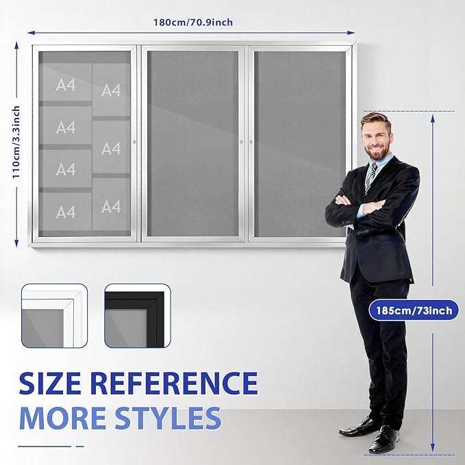 SWANCROWN Outdoor Bulletin Board 70x43in, Enclosed Bulletin Board with Locking Door for Office School Commerce, Grey Felt, Sliver Aluminum Frame